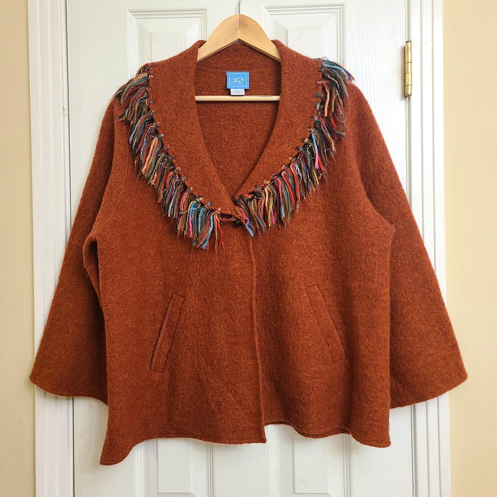 Women's Burnt Orange Fringe-Trim Cardigan Sweater